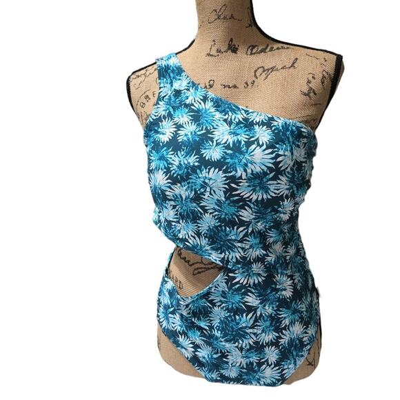 Michael Kors Turquoise Floral Cutout One Piece‎ Swimsuit Size 14 New! - Picture 1 of 10